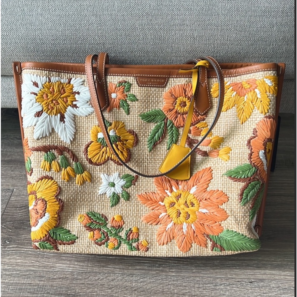 Tory Burch Perry Floral Embroidered Straw Tote Bag